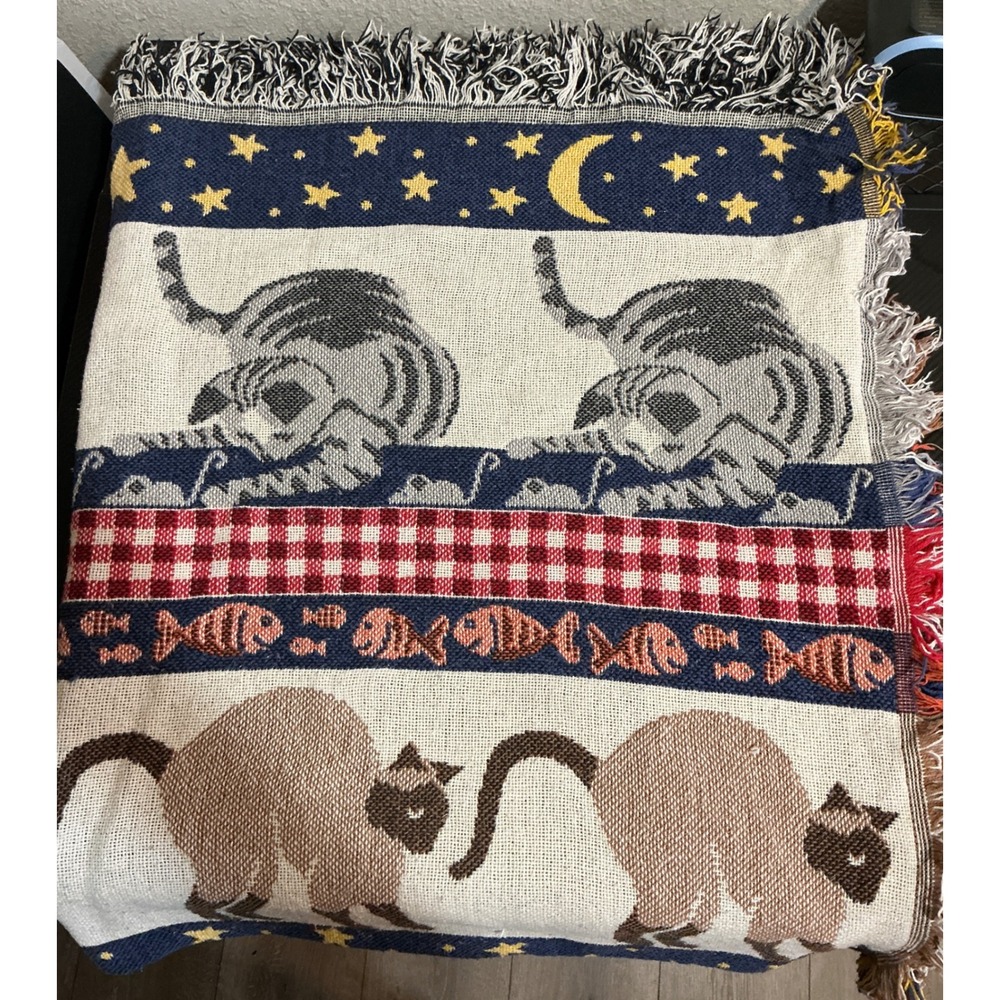 Crown Crafts Woven Tapestry Throw Blanket Cat Fish Moon Stars Fringe Cottagecore